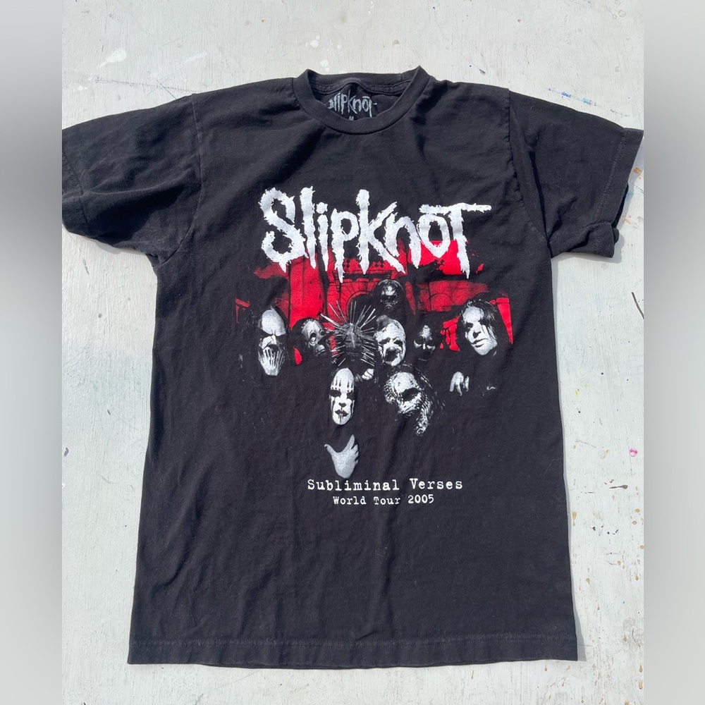 Women's Slipknot T-Shirt Black Spell-Out M Y2K Screamo Nu Metal 90s Iowa Mask‎